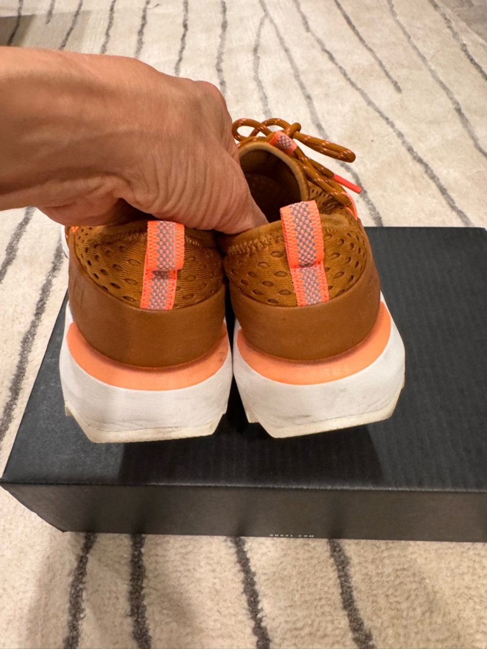 Sorel women’s Tan Mesh Athletic Sneakers with Coral Accents - Picture 3 of 7